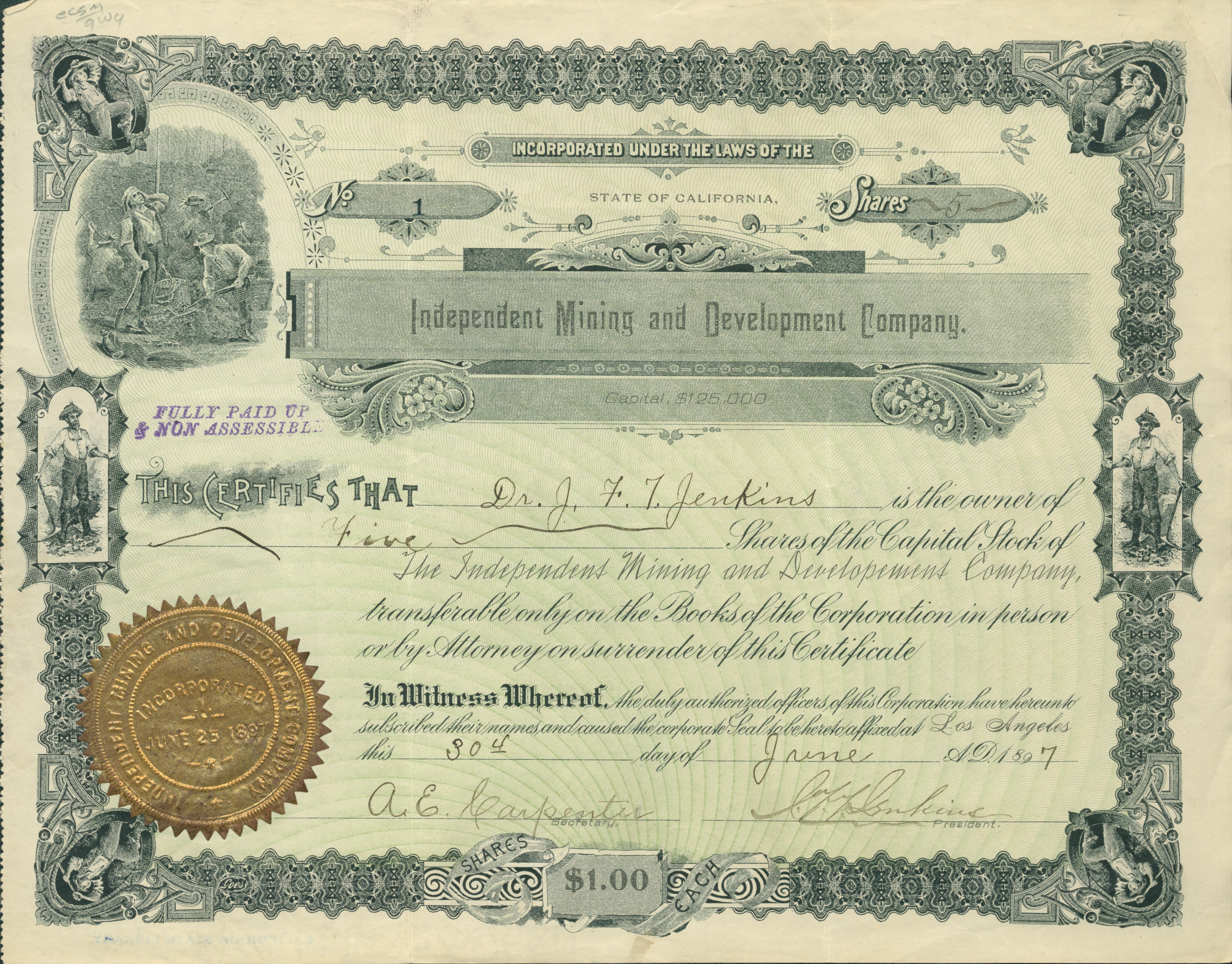 Certificate, No. 1, signed by  Dr. J. F. T. Jenkins for 5 shares. Lithographed border with mining vignettes and Company gold seal.